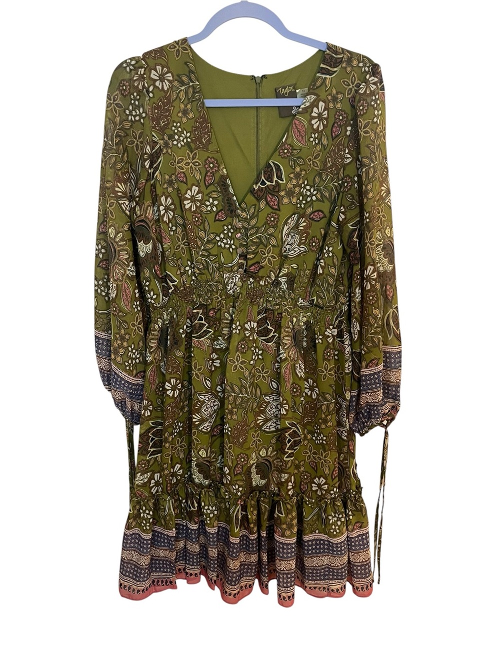 Floral Midi Dress Sage Green V-Neck Smocked Waist Long Sleeve| boho| fall| EUC